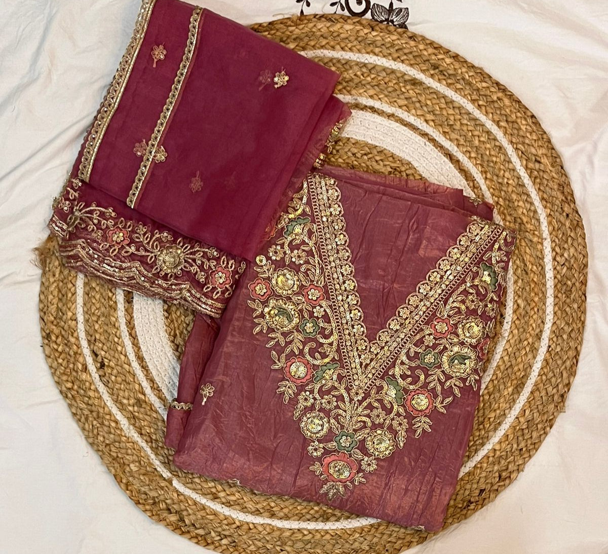 Unstitched Crushed Fabric Suit with Organza Embroidered Dupatta.