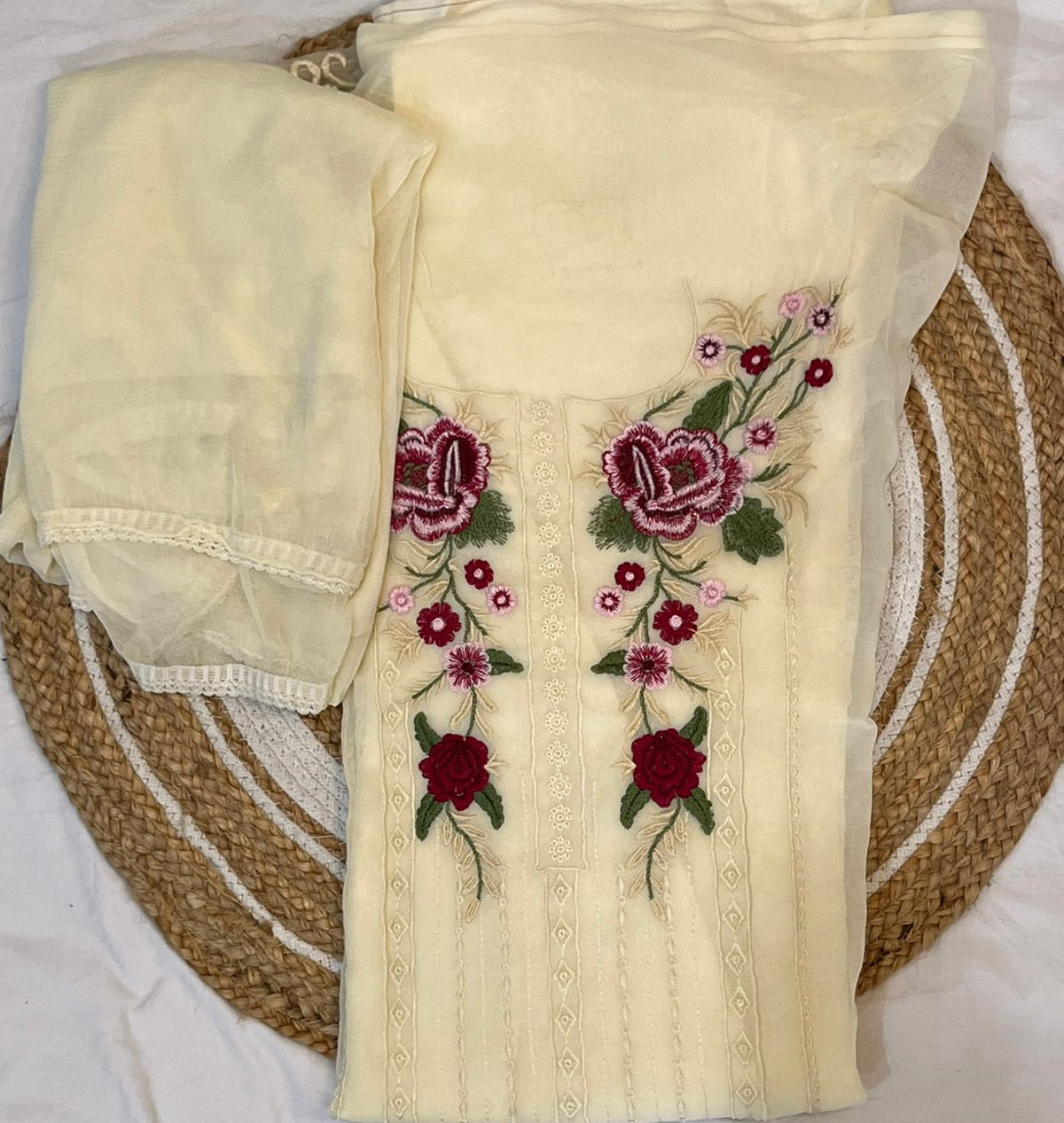 Unstitched Creme Georgette Floral Suit with Pure Dupatta.