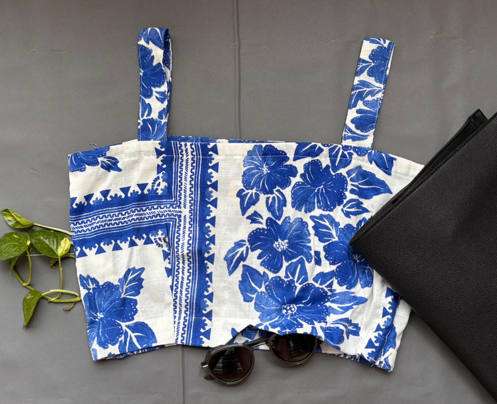 White & Blue Floral Crop Top and Pants Coord Set.