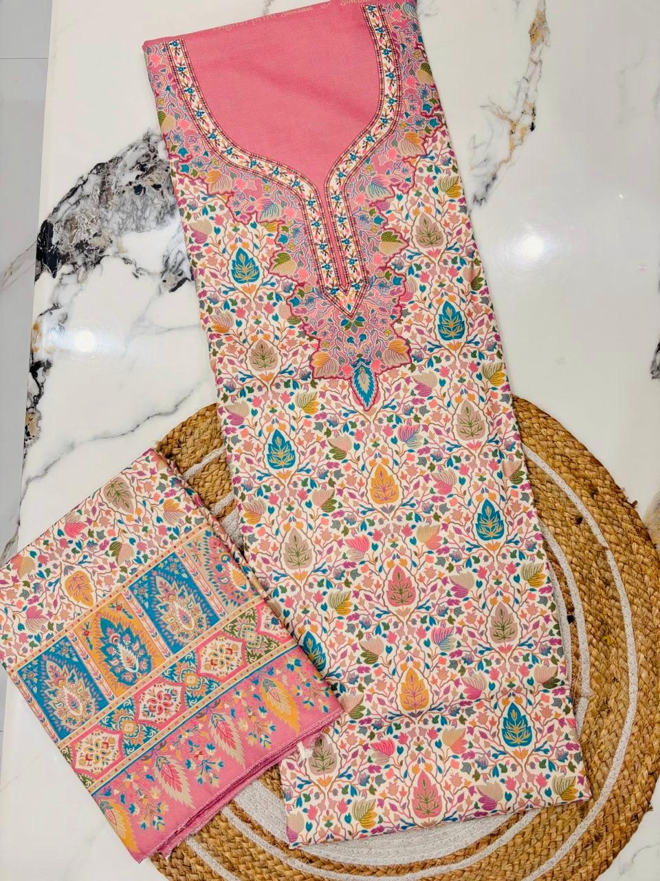 Unstitched Woolen Pastel Print Suit with Shawl