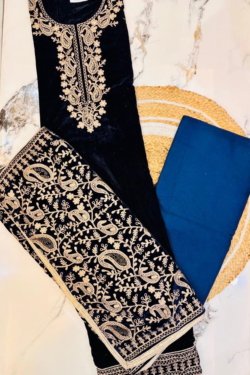 Unstitched Velvet Woolen Suit with Heavy Shawl