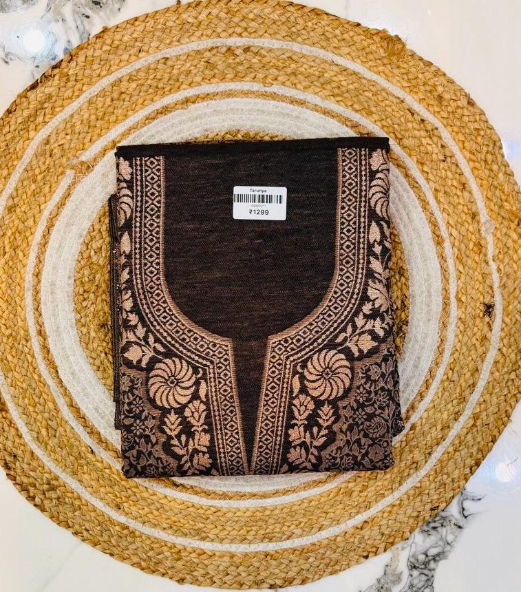 Unstitched Brown Woolen Suit with Intricate Prints