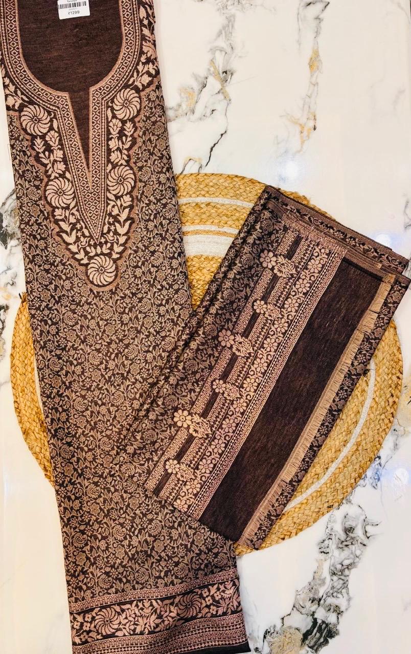Unstitched Brown Woolen Suit with Intricate Prints