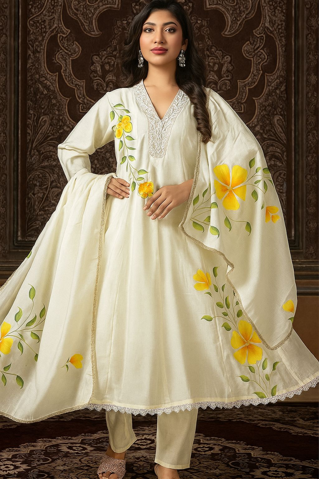 Cream Floral Summer Modal Suit Set