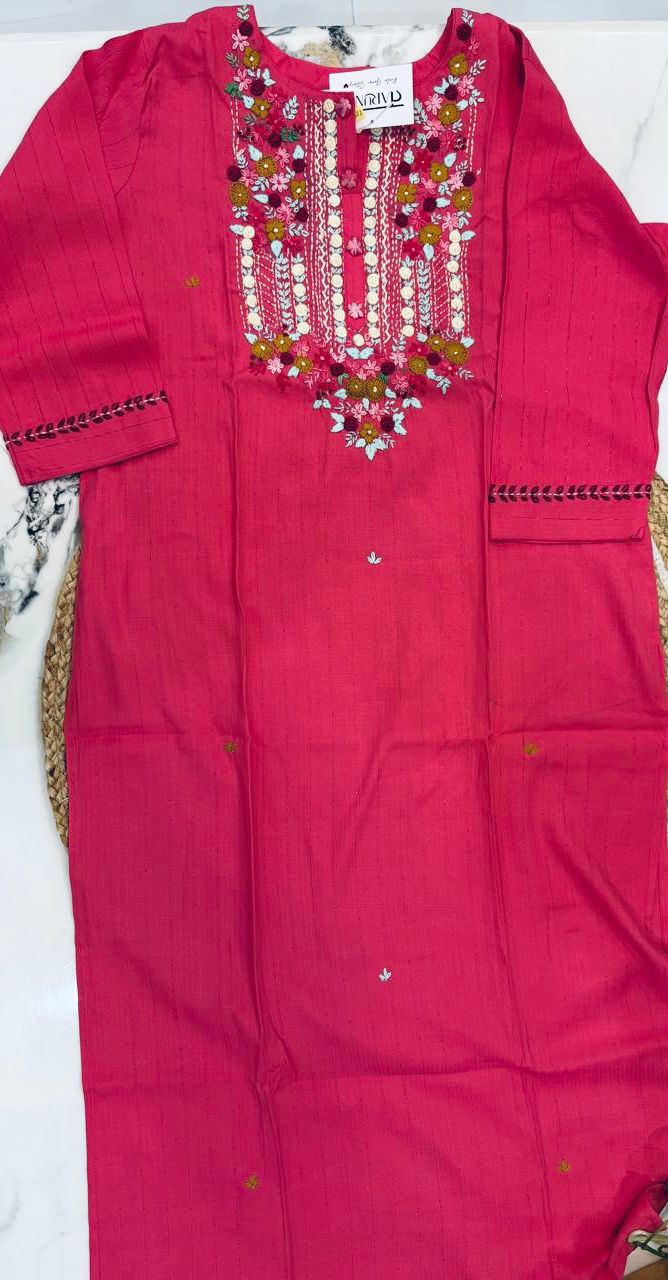 Cotton Embroidered Chic Round Neck Kurta