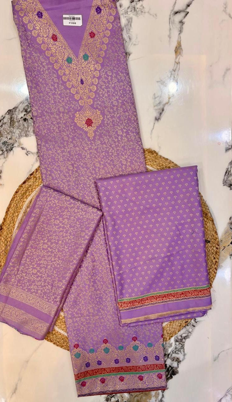 Unstitched Mauve Woolen Suit with Golden Prints