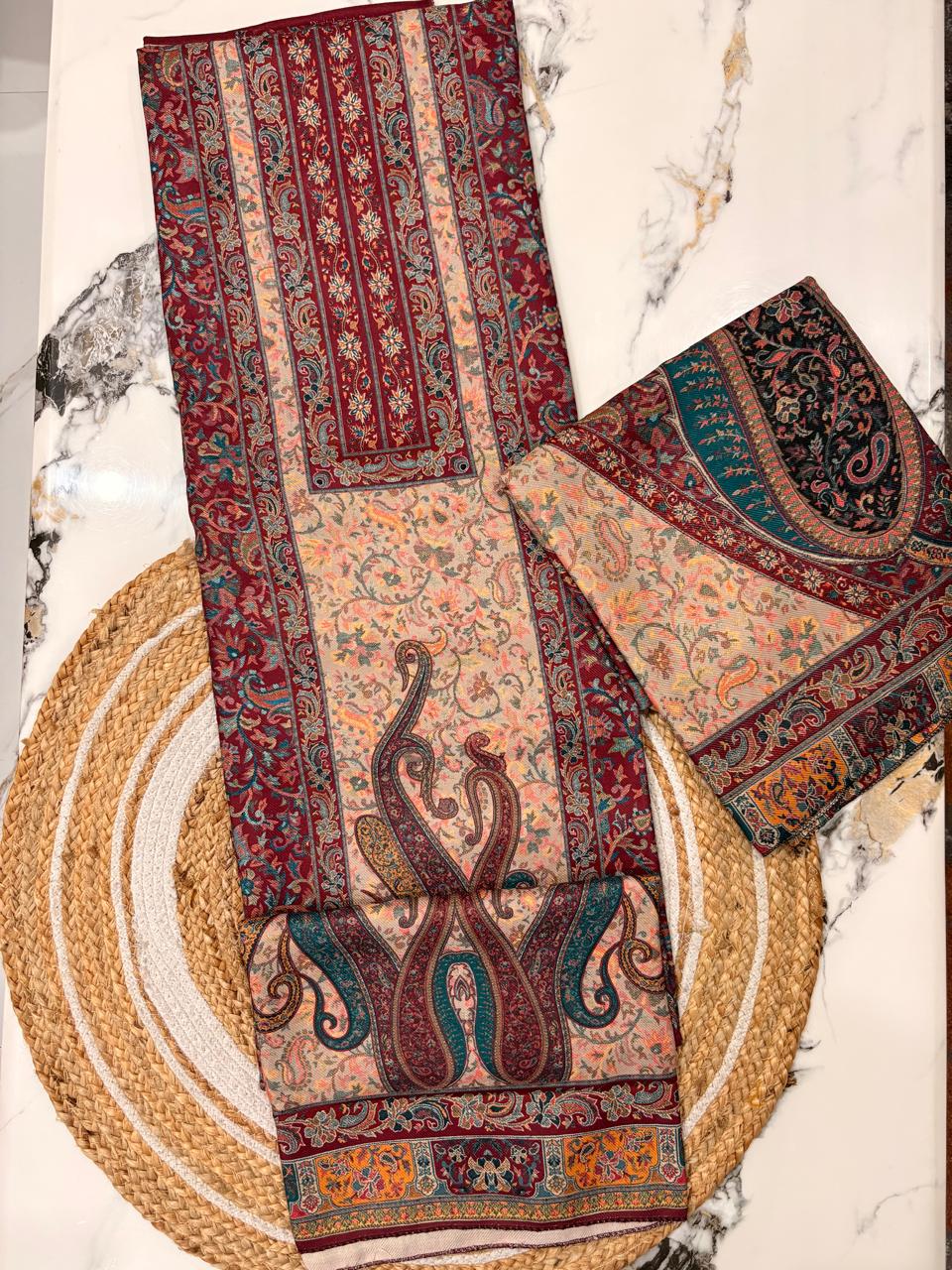 Unstitched Printed Woolen Suit with Shawl