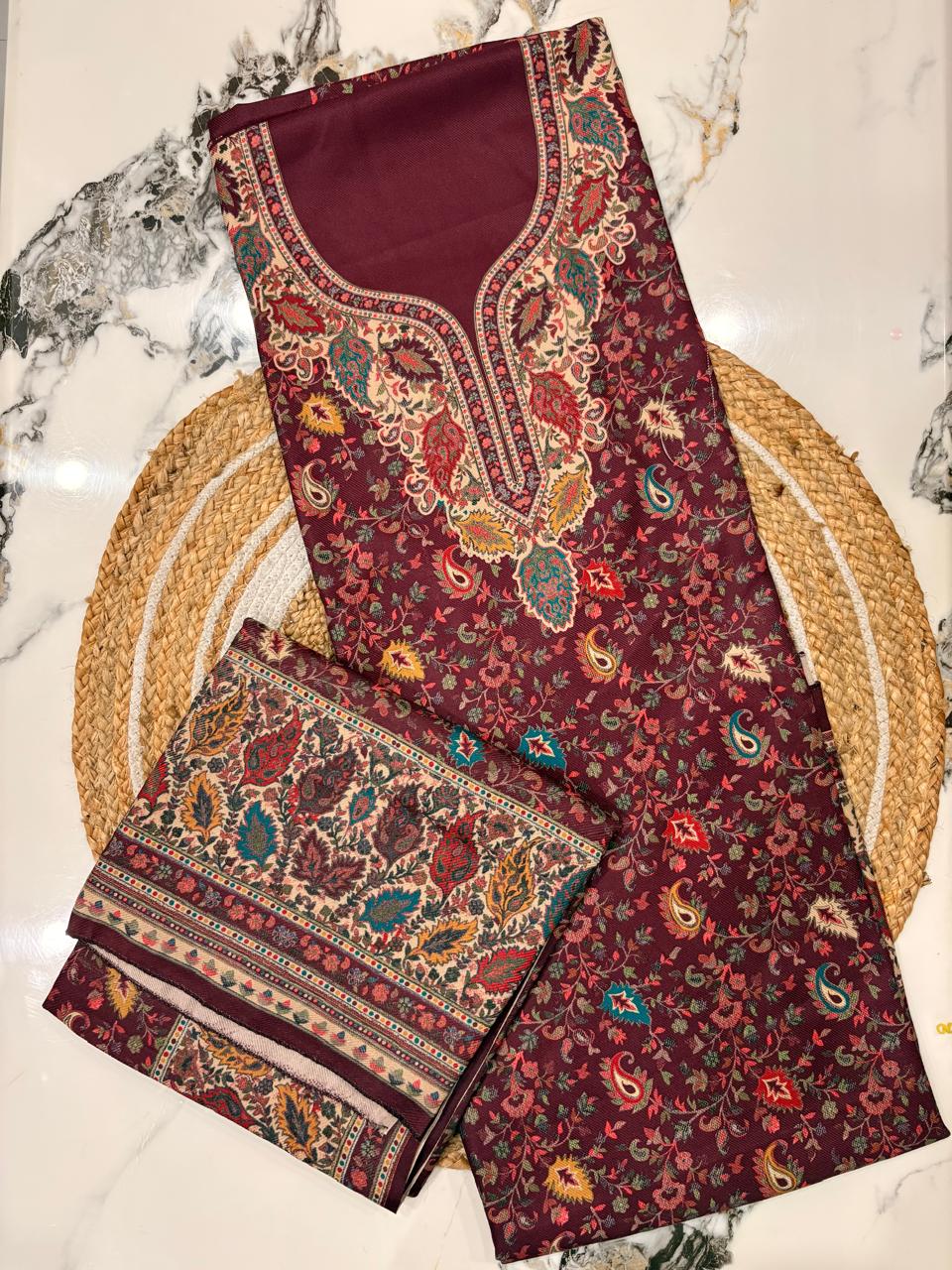 Unstitched Maroon Woolen Suit with Shawl