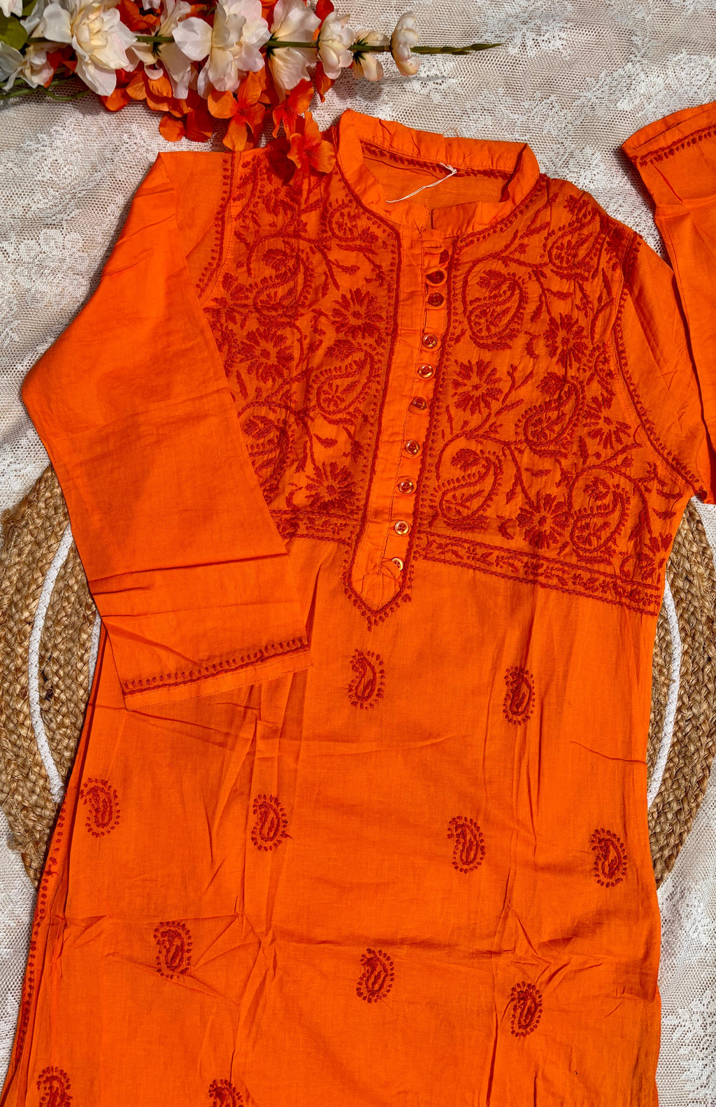 Orange Lucknowi Embroidered Kurta
