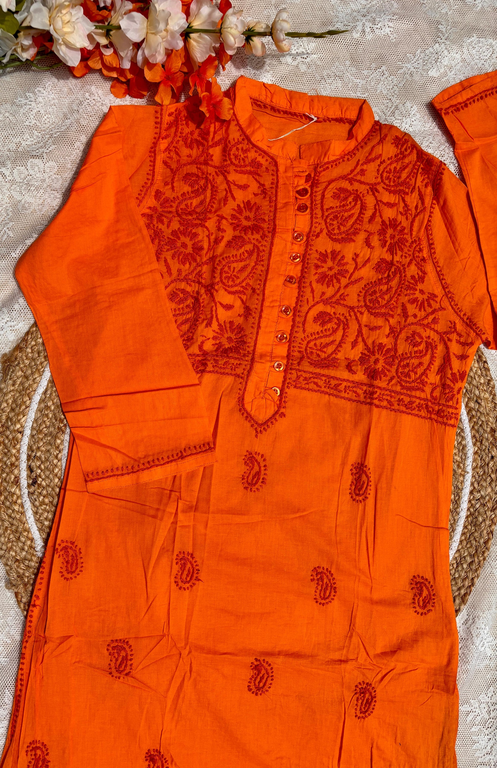 Orange Lucknowi Embroidered Kurta