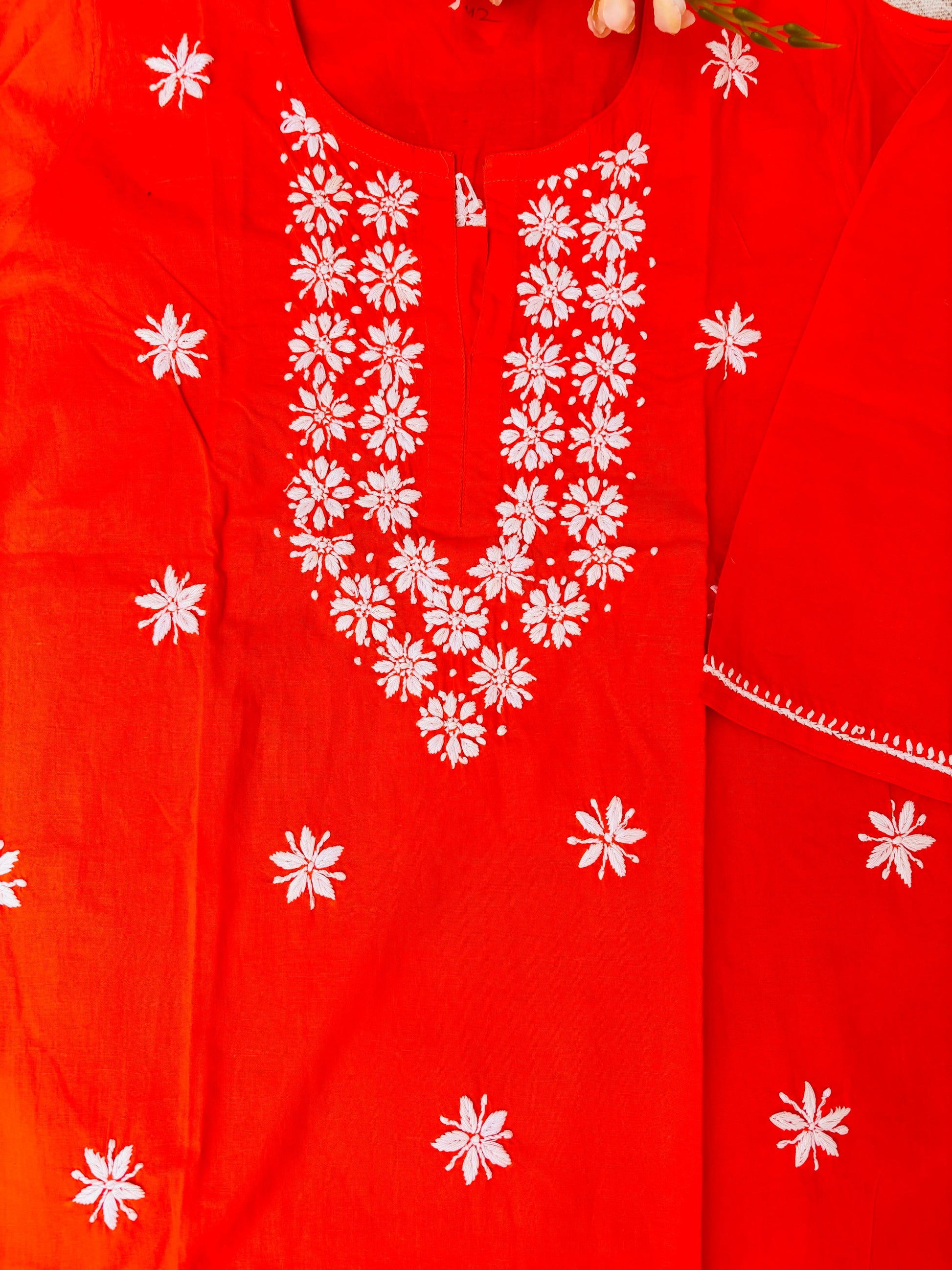 Orange Lucknowi Off-Shoulder Embroidered Kurta