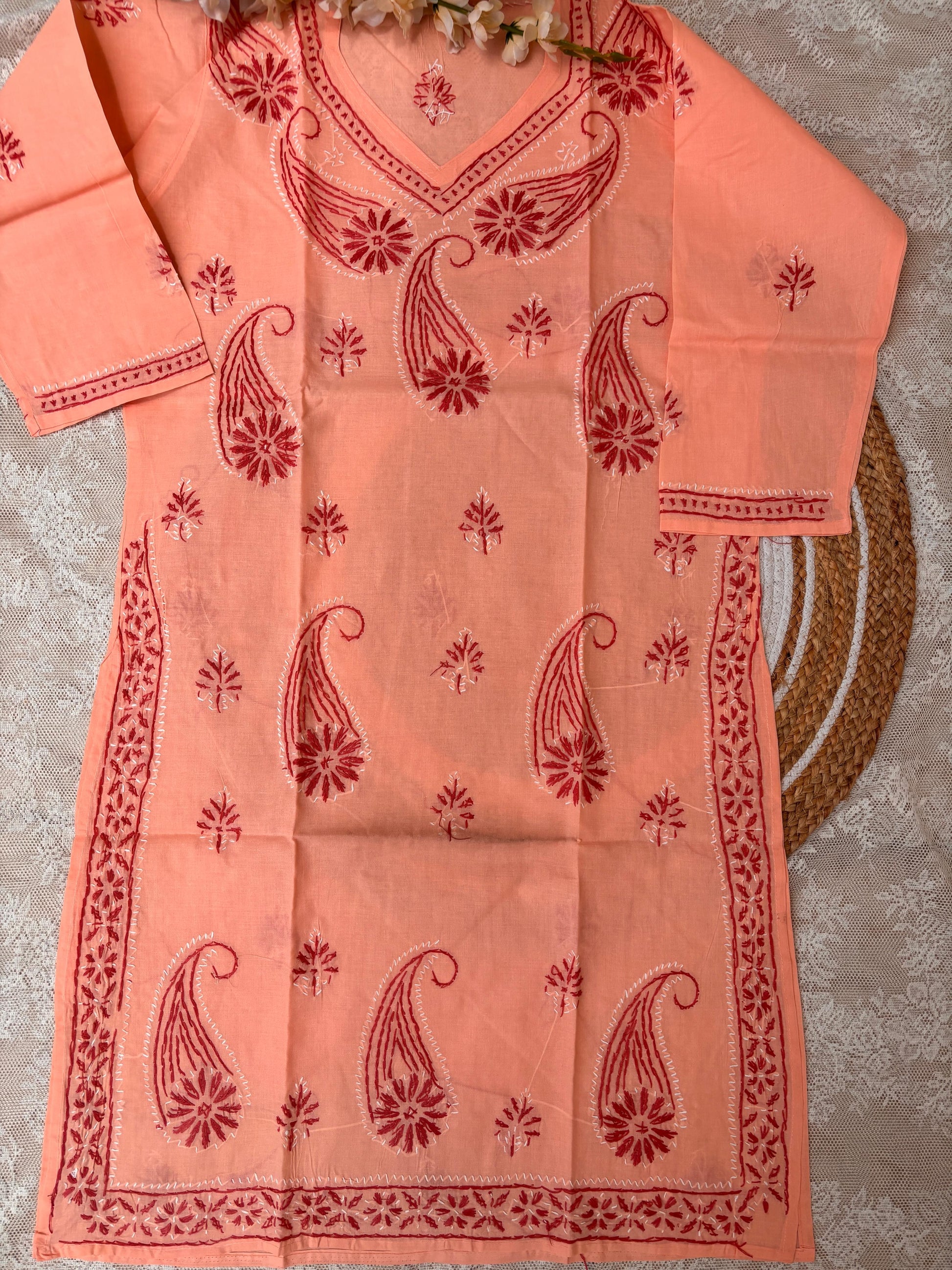 Peach Lucknowi Embroidered Kurta