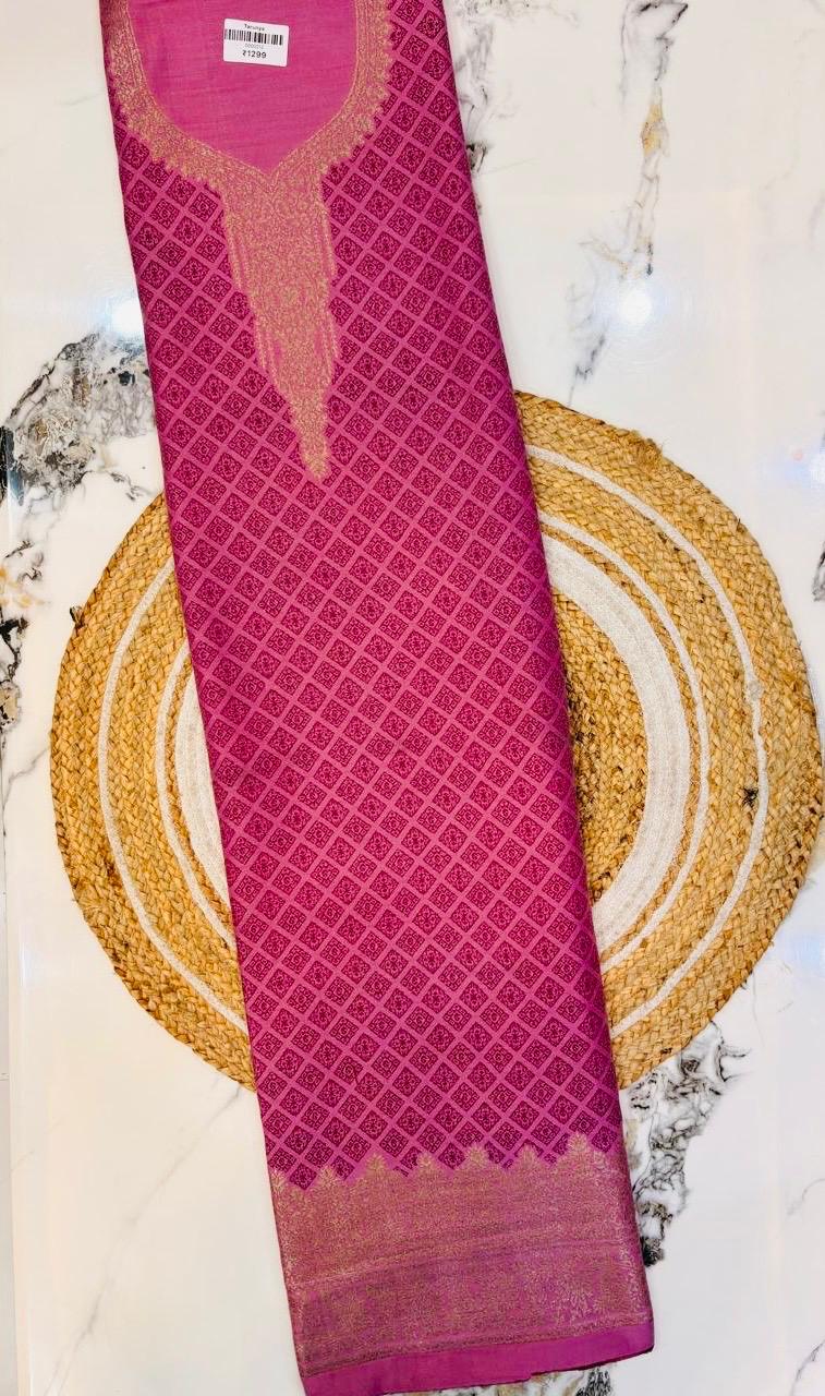 Unstitched Pink Woolen Suit with Contrast Banarsi Pattern