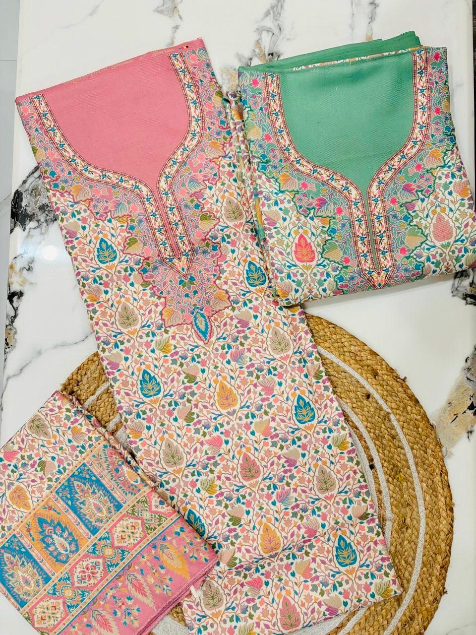 Unstitched Woolen Pastel Print Suit with Shawl