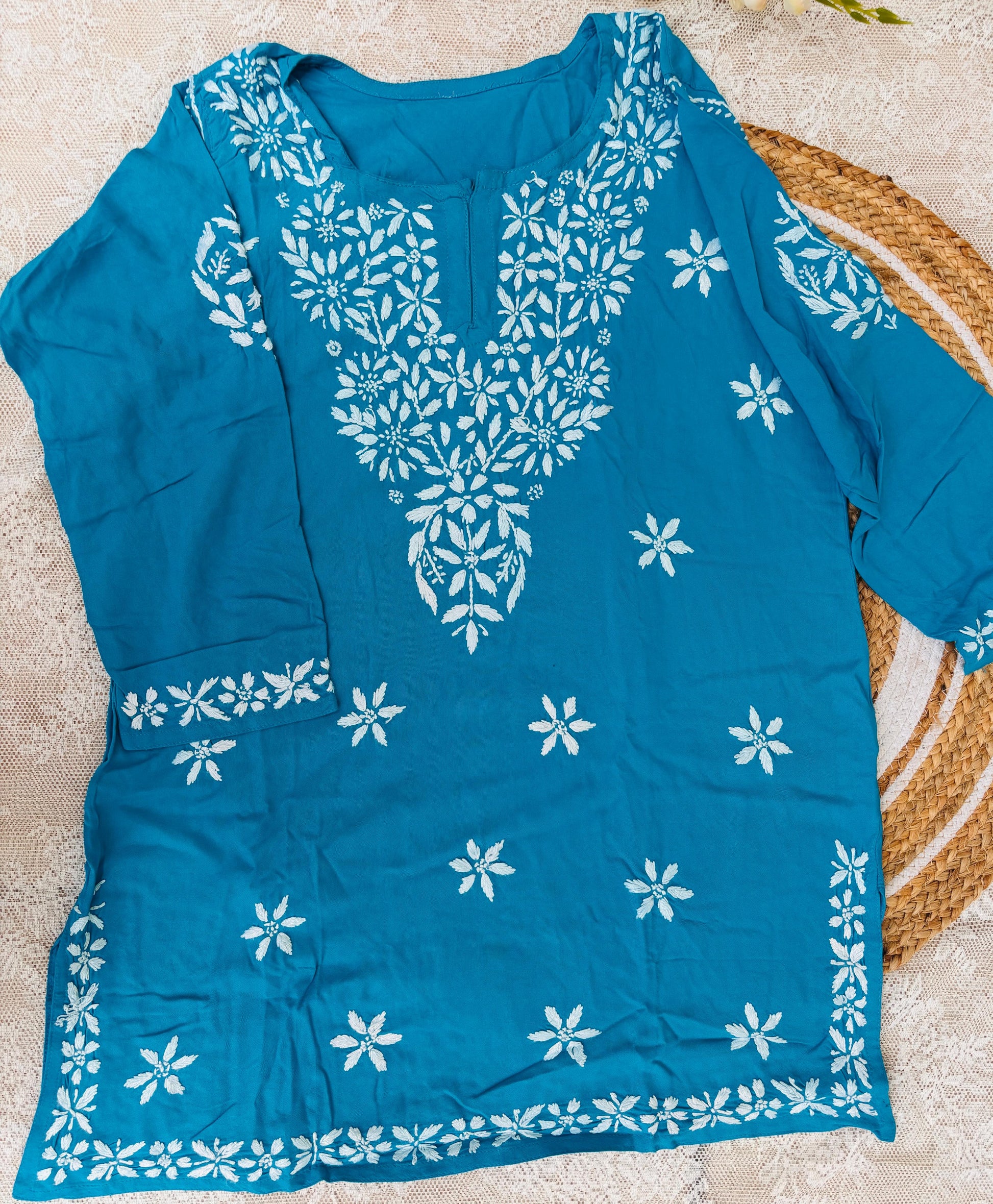 Blue Rayon Lucknowi Short Kurta