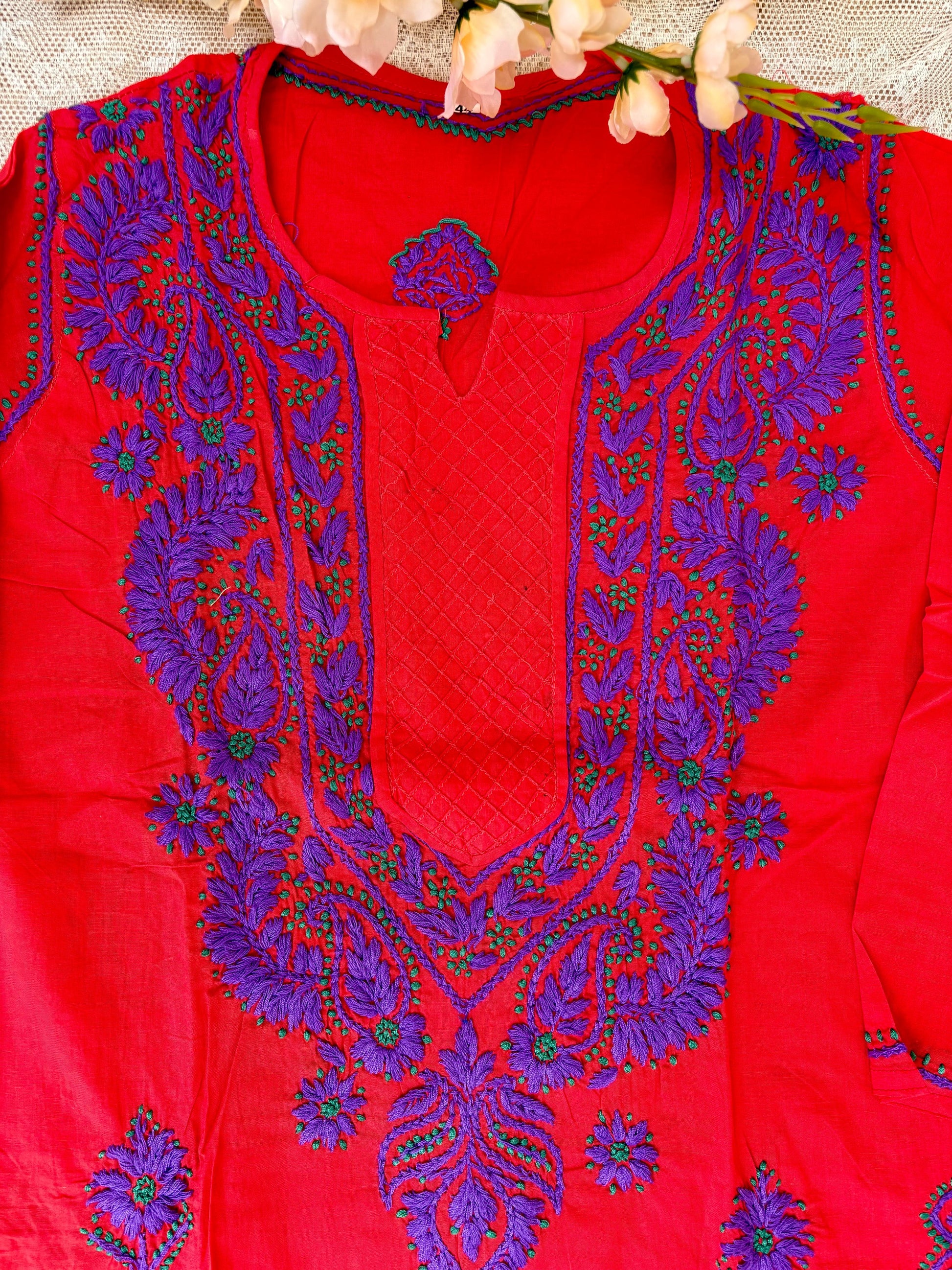 Red & Purple Lucknowi Embroidered Kurta