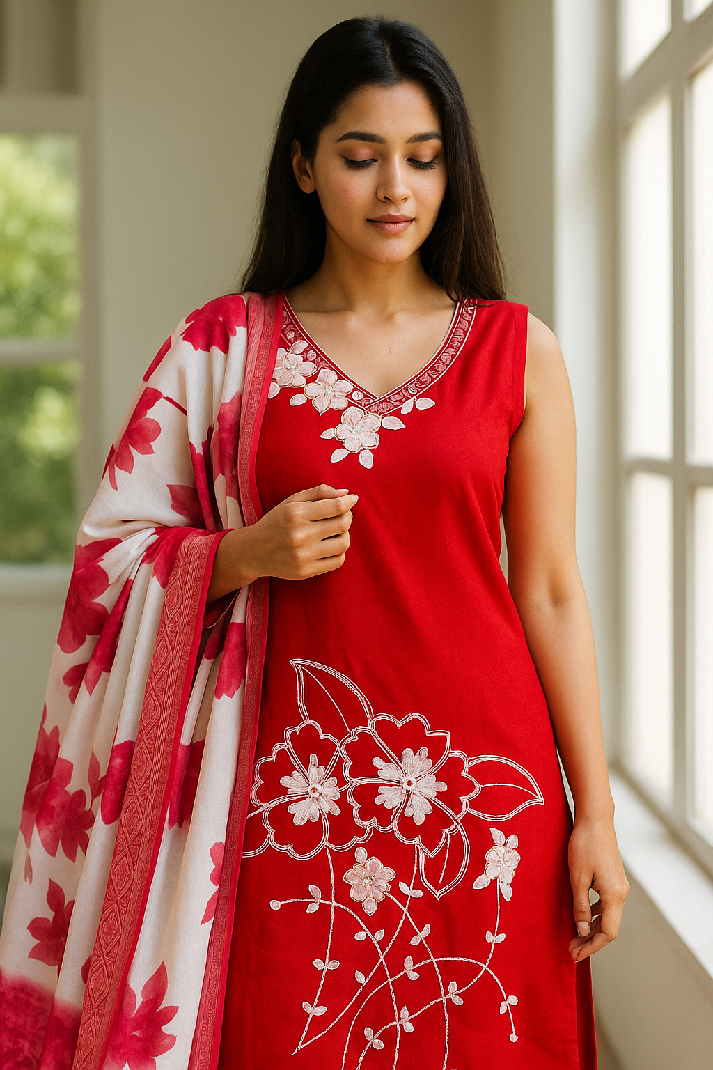Embroidered Red Modal Suit with Floral Printed Dupatta
