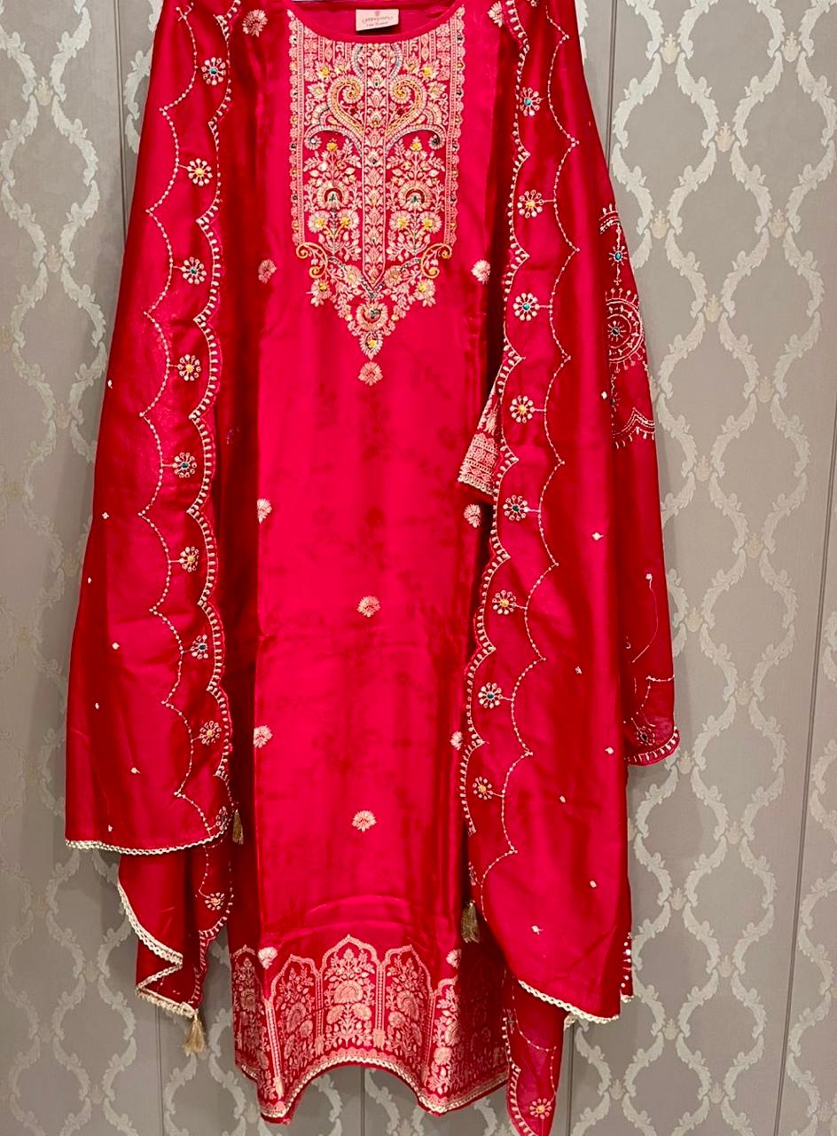 Red Shimmer Silk Embellished Party Wear Suit