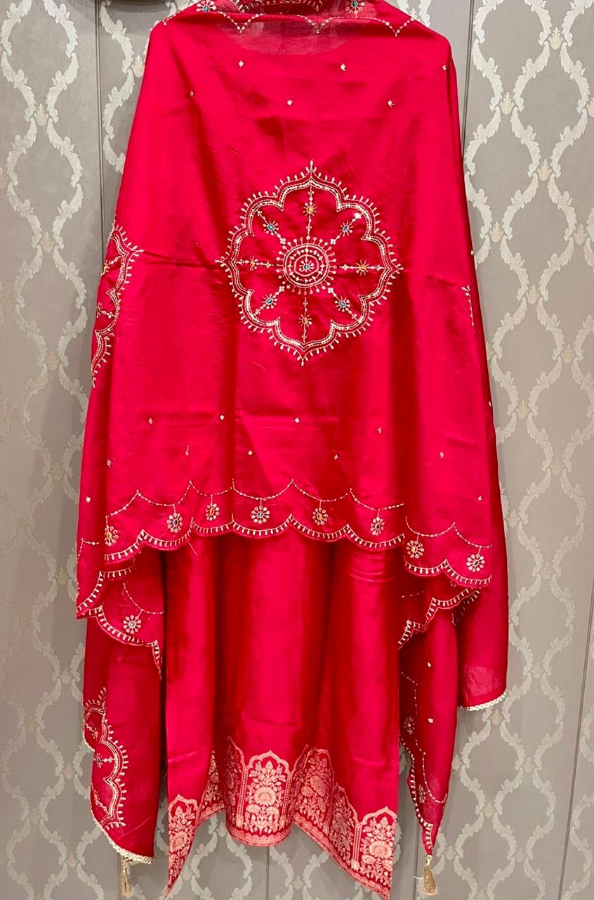 Red Shimmer Silk Embellished Party Wear Suit