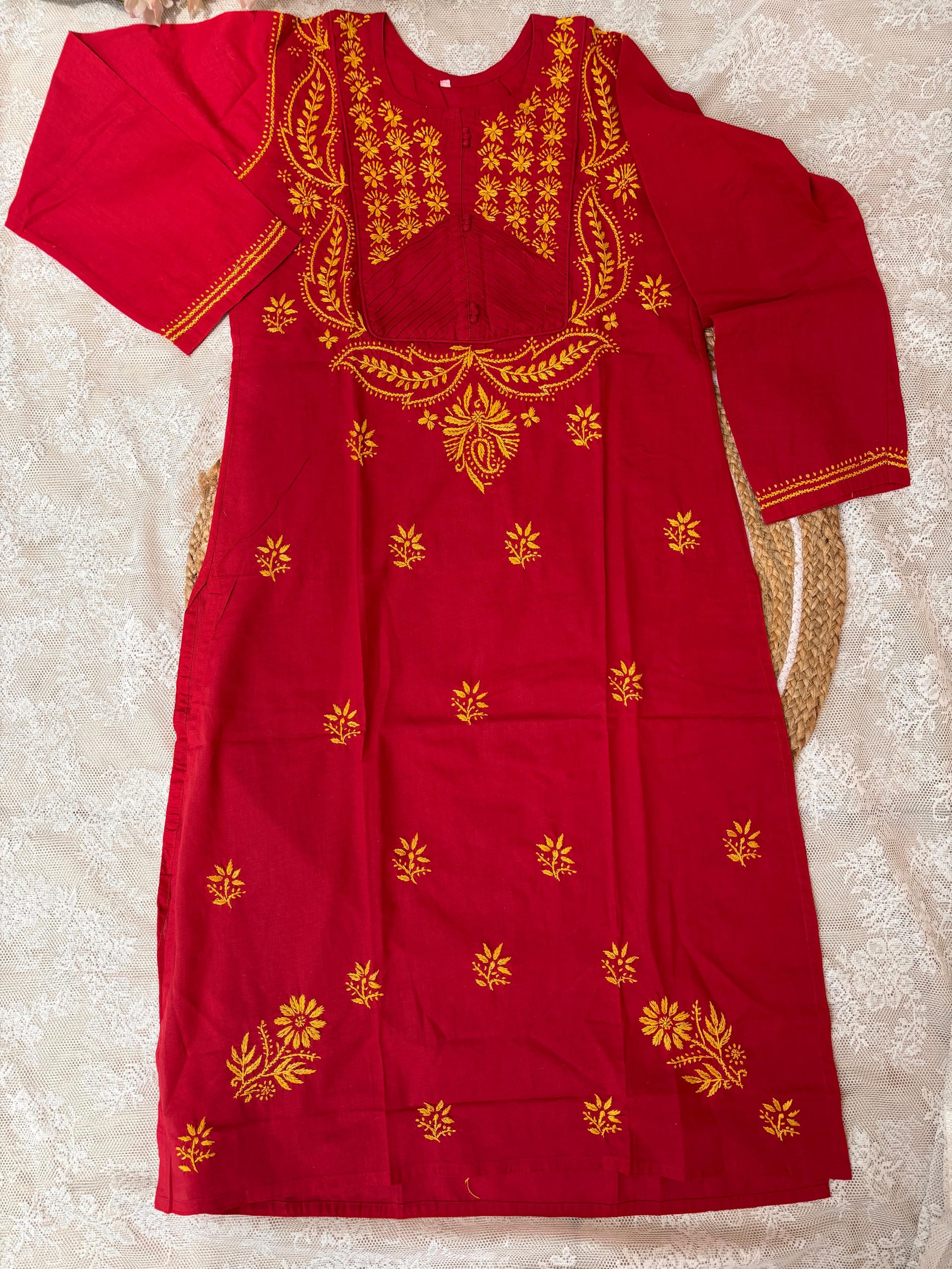red yellow lucknowi kurta