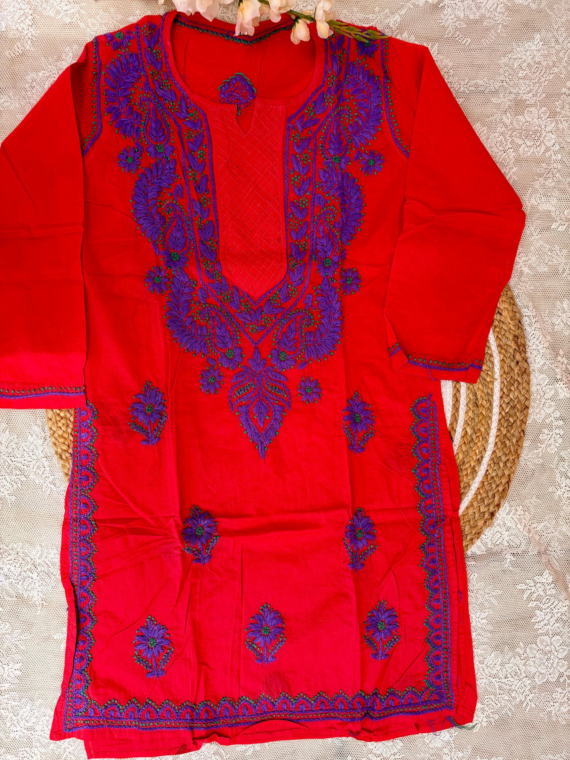 Red & Purple Lucknowi Embroidered Kurta