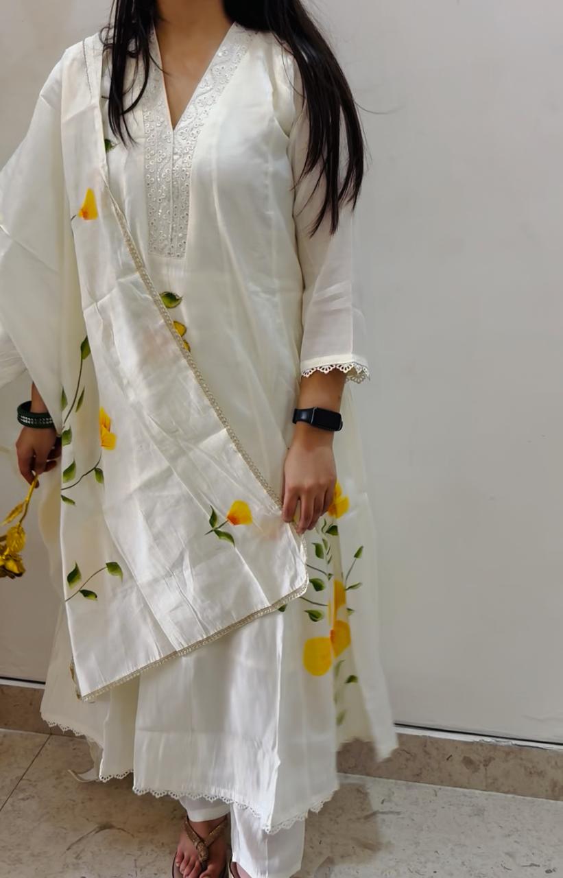 Cream Floral Summer Modal Suit Set