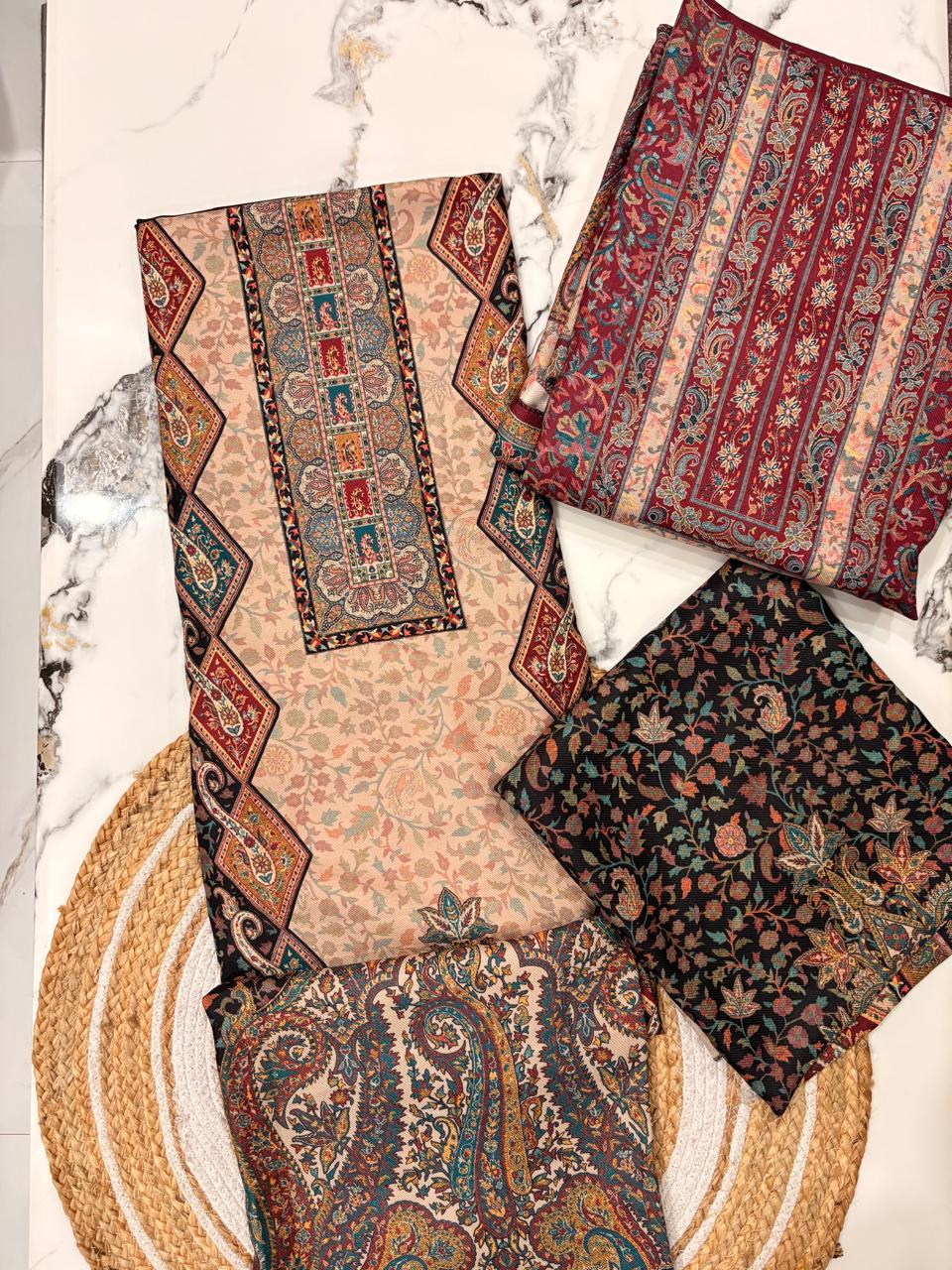 Unstitched Printed Woolen Suit with Shawl